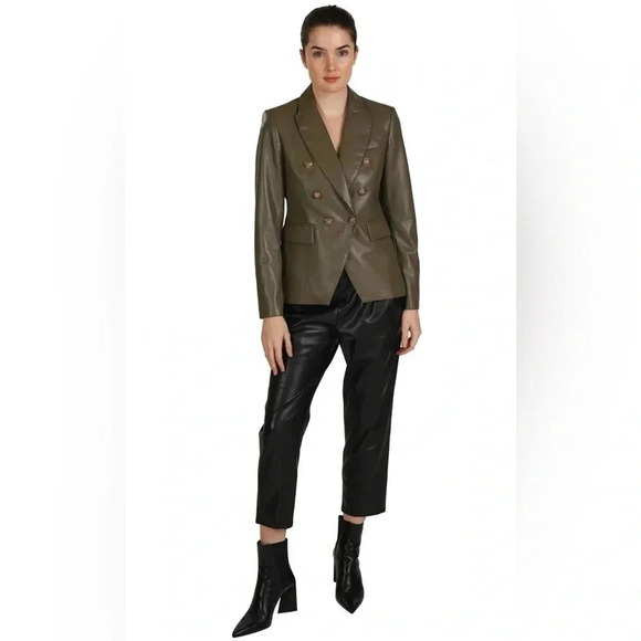 LOVE TOKEN Nellie vegan leather double breasted chocolate brown blazer sz L - Picture 2 of 11